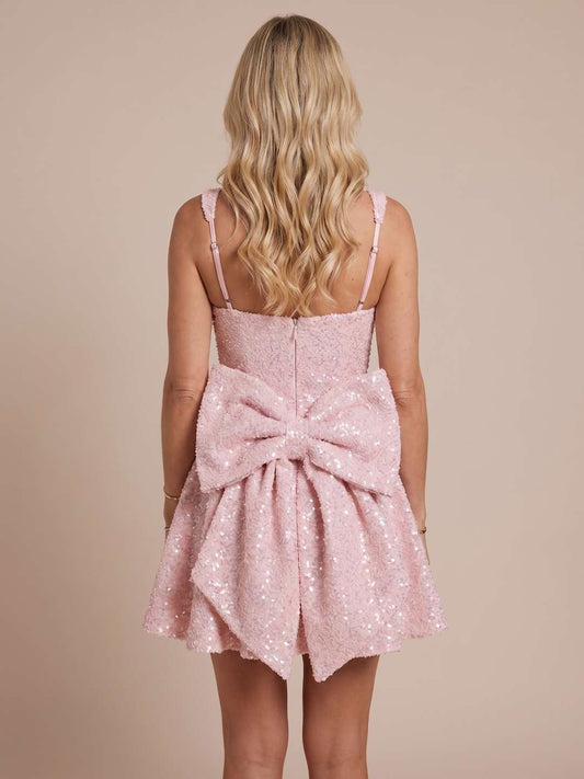 Bliss Pink Sequin Bow Back Skater Mini Dress