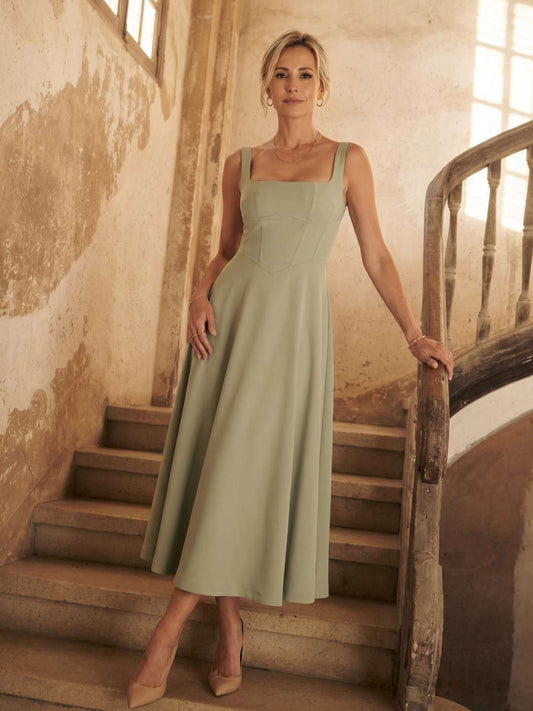 Maeve Sage Green Square Neck Corset Midi Dress