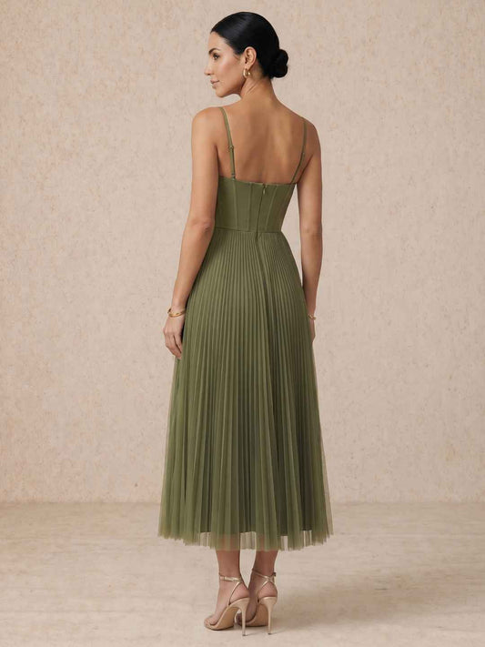 Sorrel Olive Corset Spaghetti Strap Pleated Tulle Midi Dress