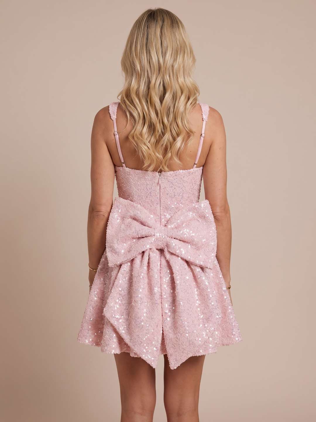 Bliss Pink Sequin Bow Back Skater Mini Dress