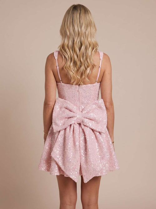 Bliss Pink Sequin Bow Back Skater Mini Dress
