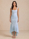 Cora Light Blue Jacquard Square Neck Corset High Low Mermaid Maxi Dress