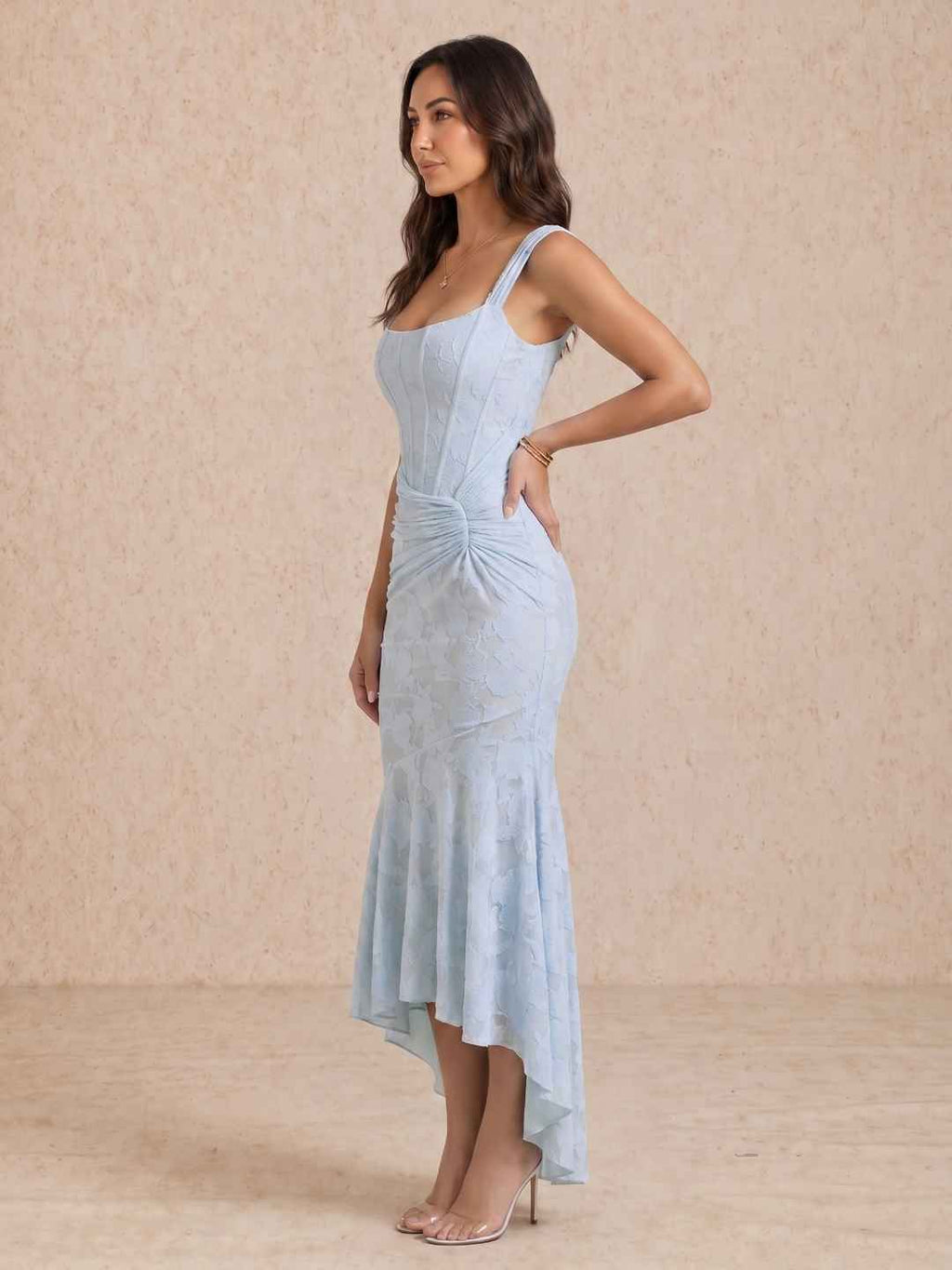 Cora Light Blue Jacquard Square Neck Corset High Low Mermaid Maxi Dress