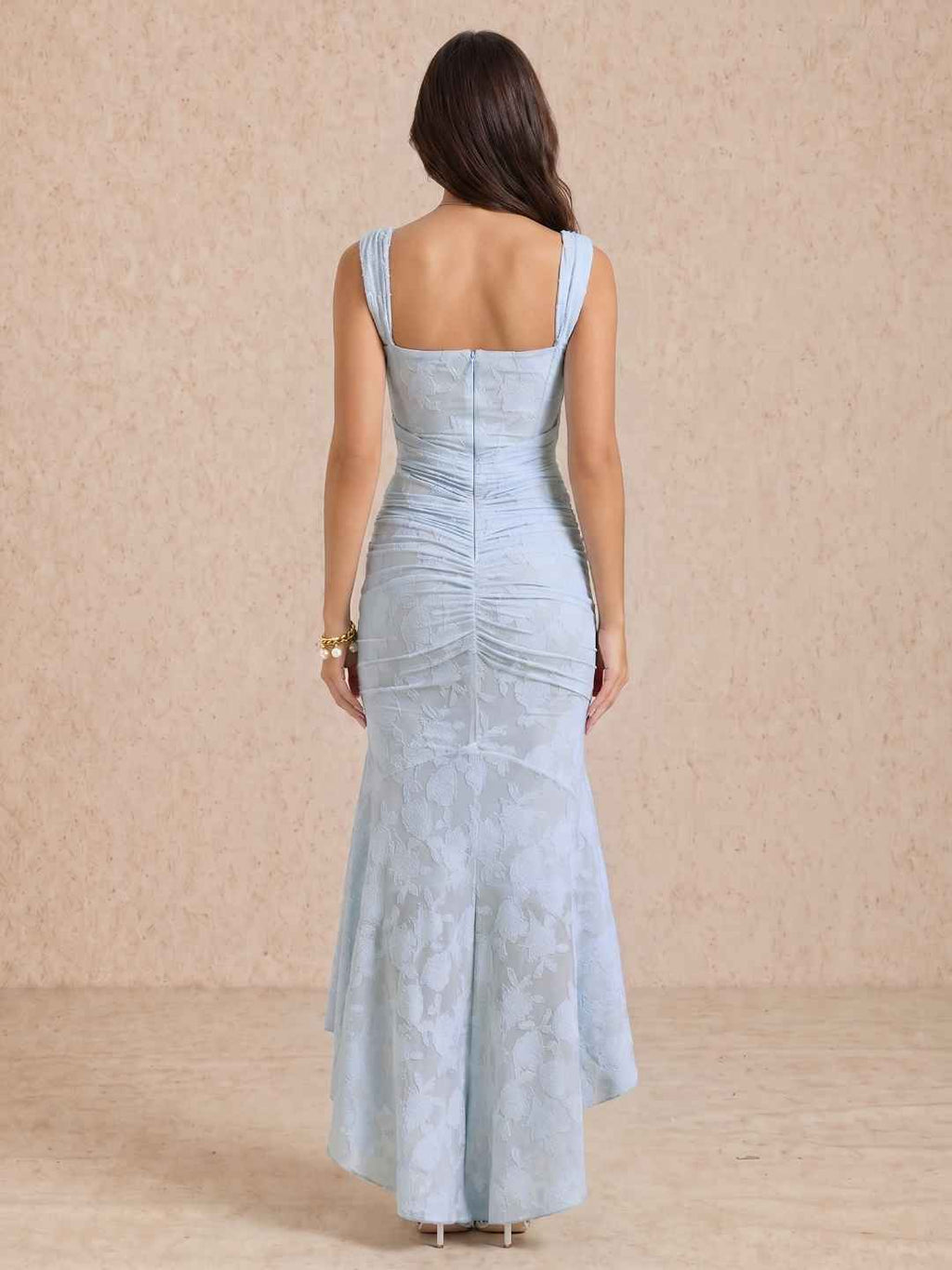 Cora Light Blue Jacquard Square Neck Corset High Low Mermaid Maxi Dress