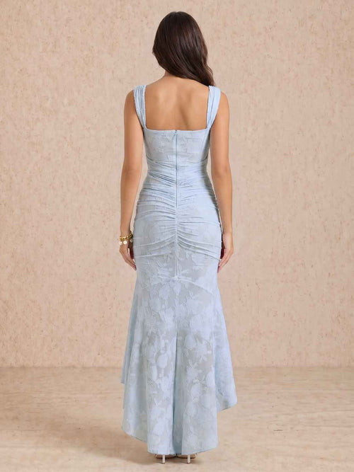 Cora Light Blue Jacquard Square Neck Corset High Low Mermaid Maxi Dress