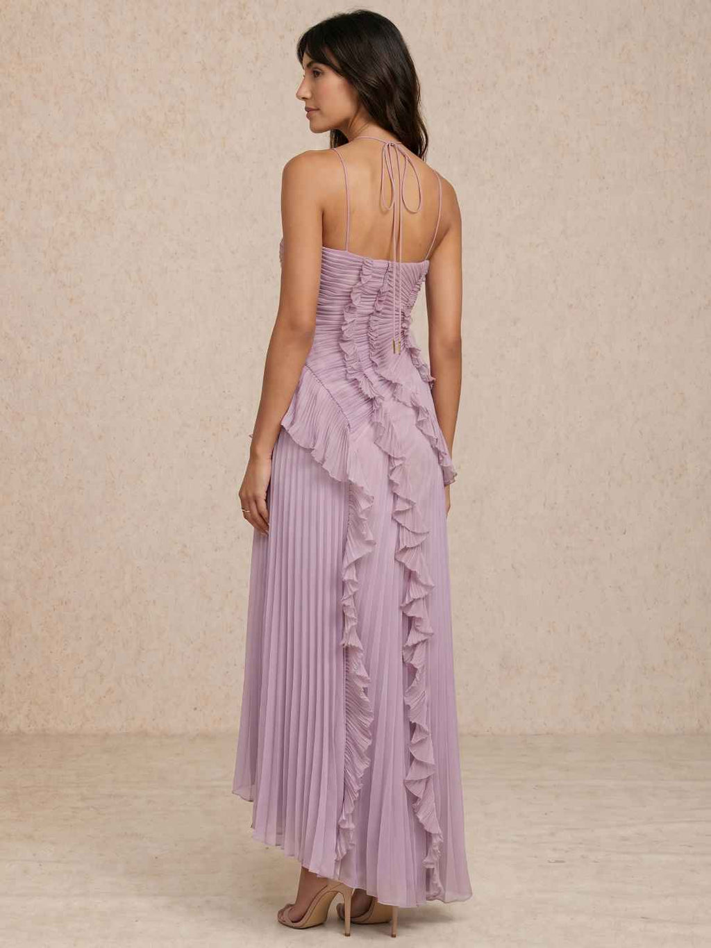 Liora Lavender Halter Ruffled Pleated Asymmetrical Maxi Dress