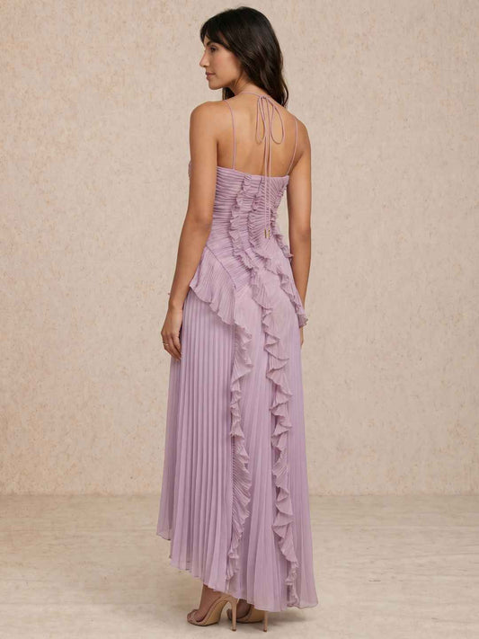Liora Lavender Halter Ruffled Pleated Asymmetrical Maxi Dress