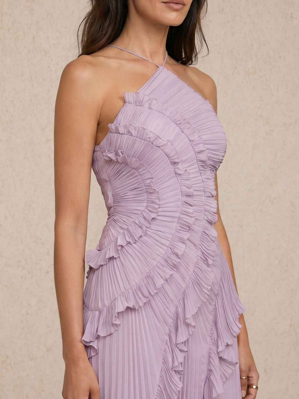 Liora Lavender Halter Ruffled Pleated Asymmetrical Maxi Dress