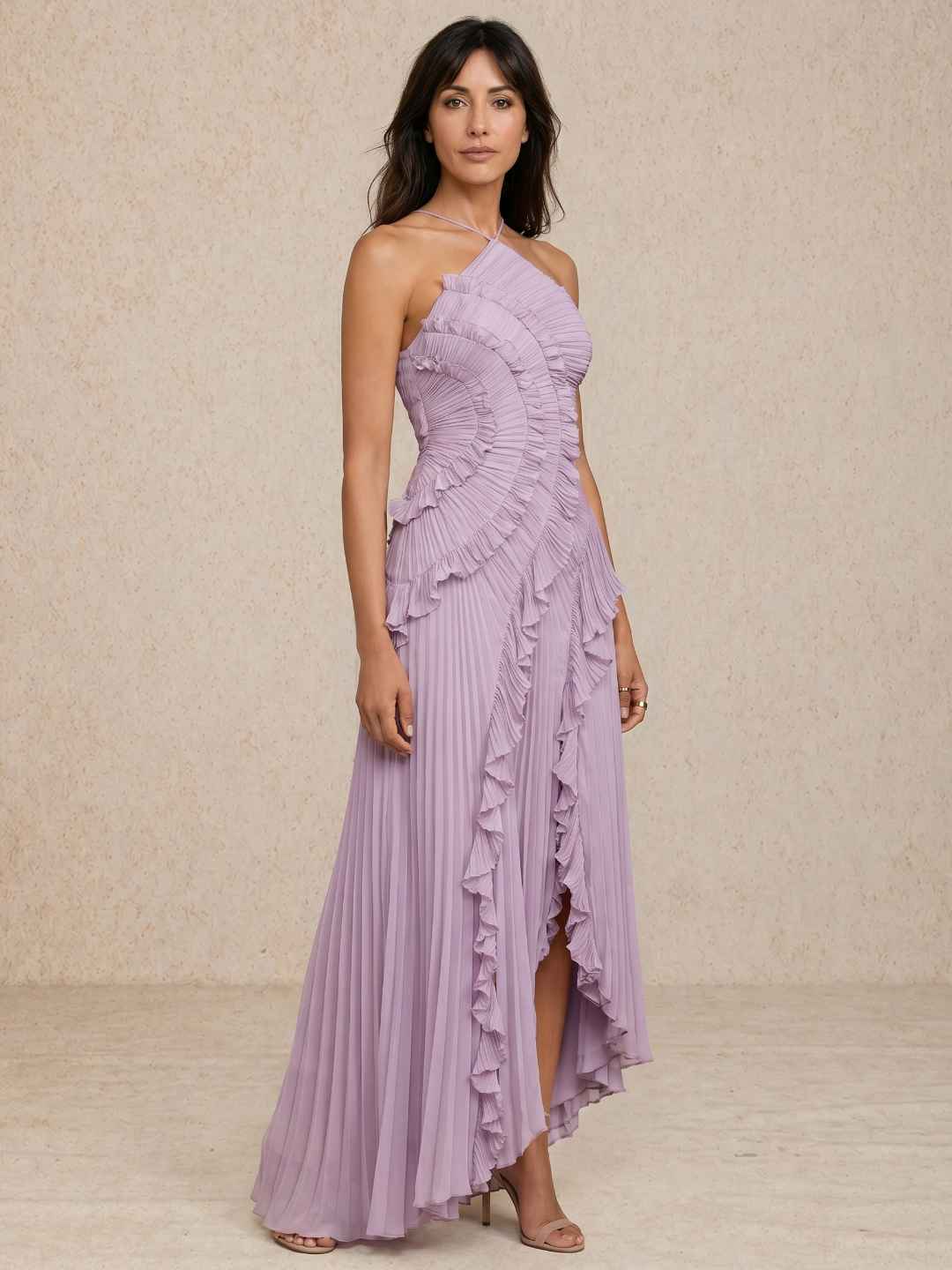 Liora Lavender Halter Ruffled Pleated Asymmetrical Maxi Dress