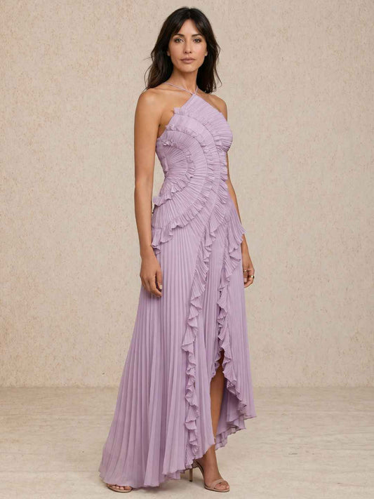 Liora Lavender Halter Ruffled Pleated Asymmetrical Maxi Dress