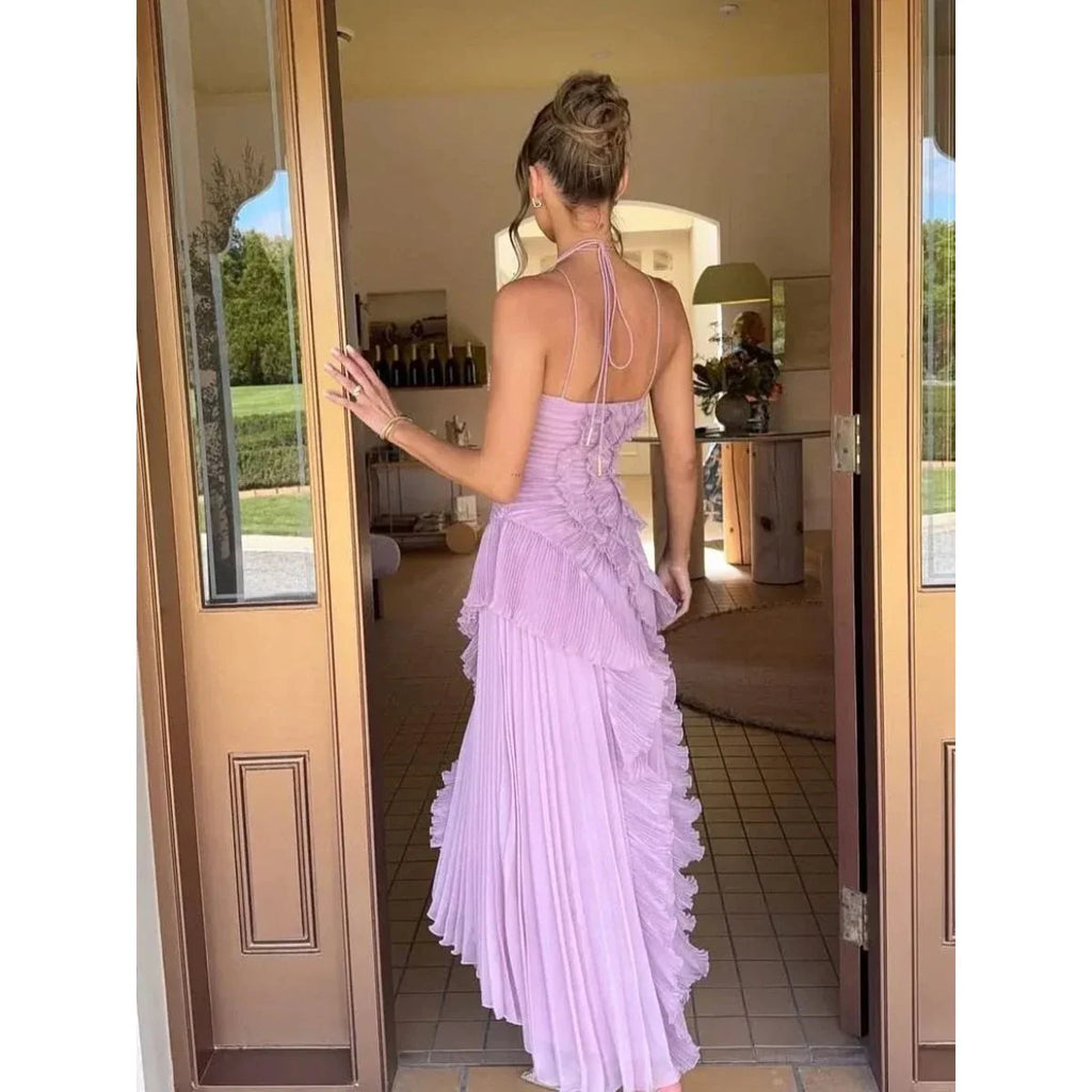Liora Lavender Halter Ruffled Pleated Asymmetrical Maxi Dress