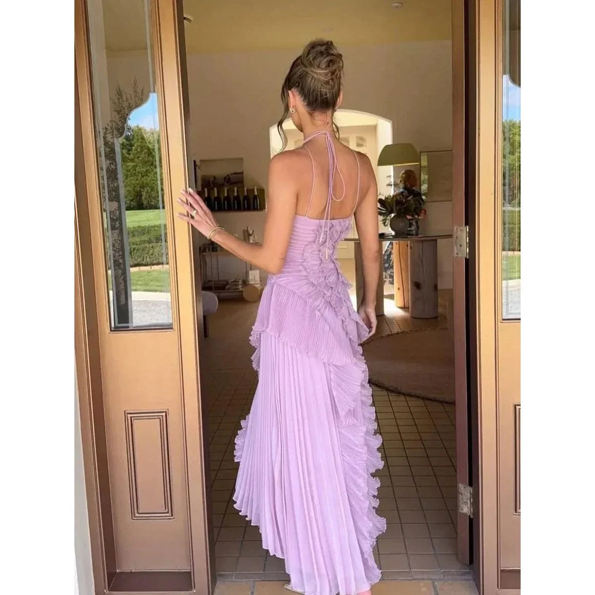 Liora Lavender Halter Ruffled Pleated Asymmetrical Maxi Dress