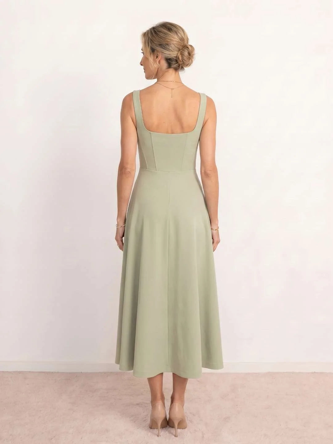 Maeve Sage Green Square Neck Corset Midi Dress