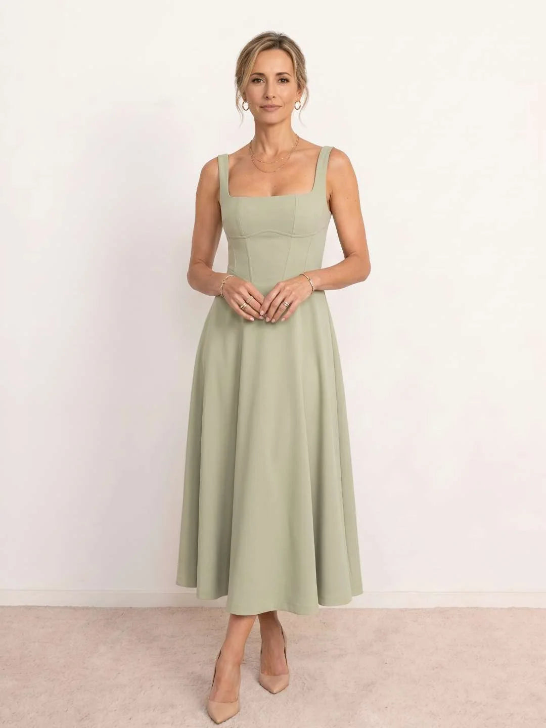 Maeve Sage Green Square Neck Corset Midi Dress