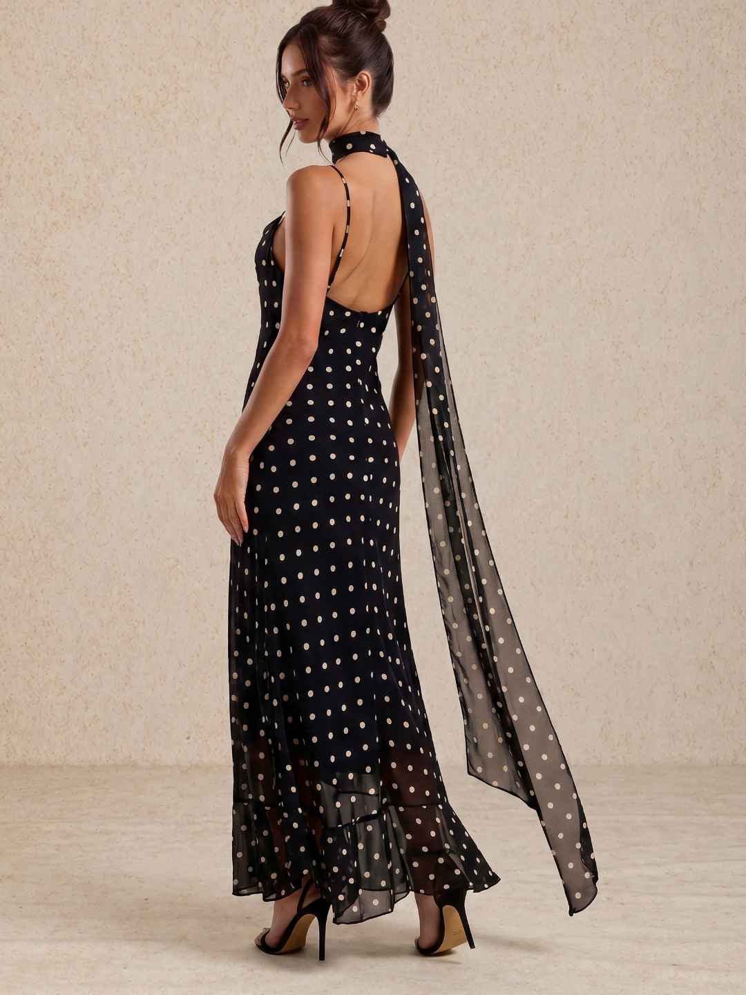 Marin Black White Polka Dot Chiffon Slip Midi Dress With Choker Sash