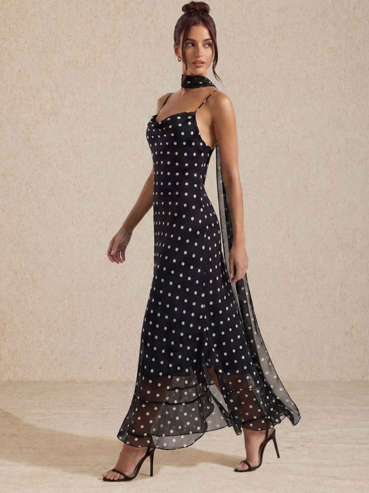 Marin Black White Polka Dot Chiffon Slip Midi Dress With Choker Sash
