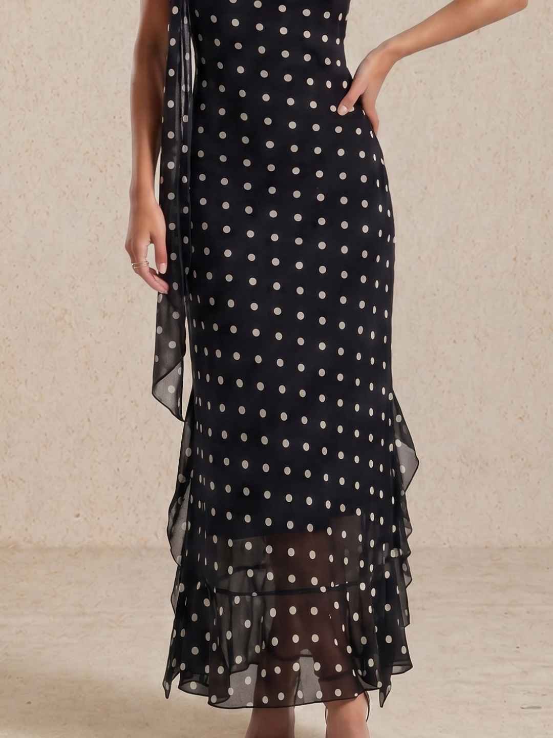Marin Black White Polka Dot Chiffon Slip Midi Dress With Choker Sash