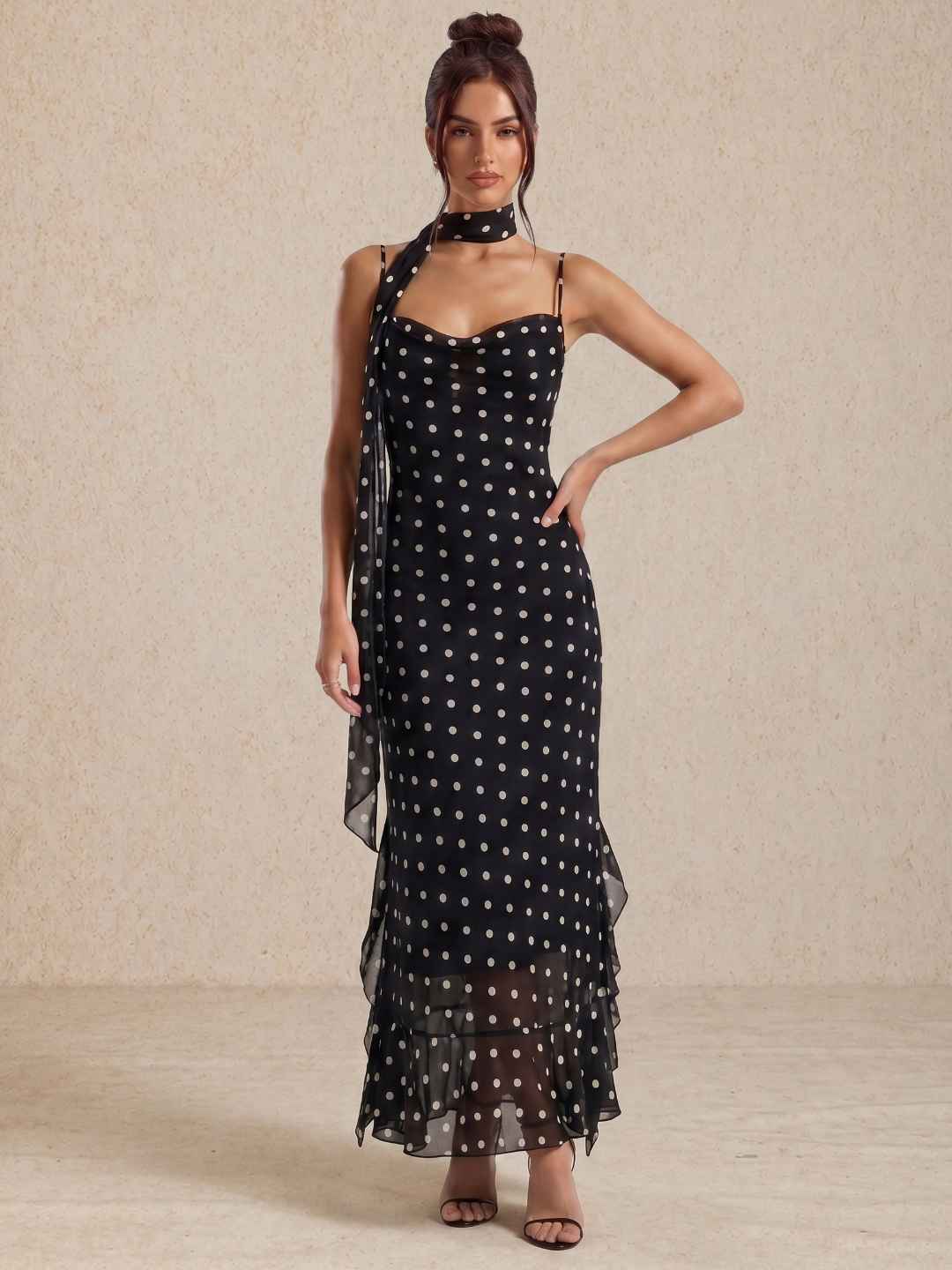Marin Black White Polka Dot Chiffon Slip Midi Dress With Choker Sash