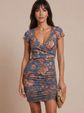 Marin Vintage Floral Ruched V-Neck Bodycon Mini Dress