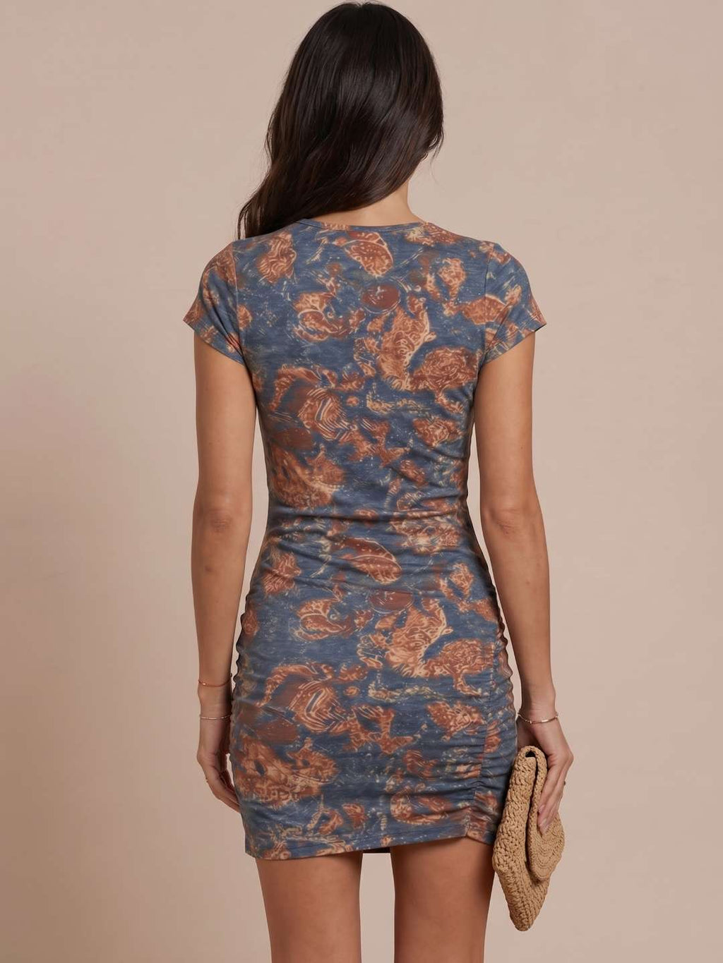 Marin Vintage Floral Ruched V-Neck Bodycon Mini Dress