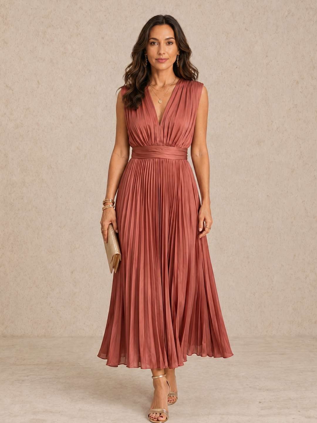 Rynne Dusty Rose V-Neck Sleeveless Pleated Chiffon Maxi Dress