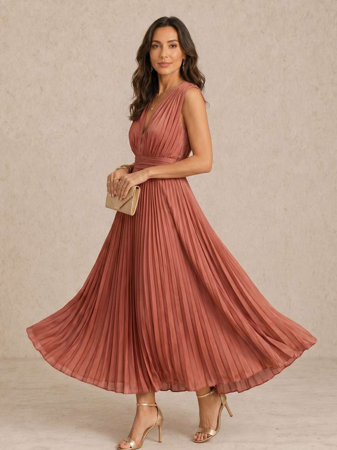 Rynne Dusty Rose V-Neck Sleeveless Pleated Chiffon Maxi Dress