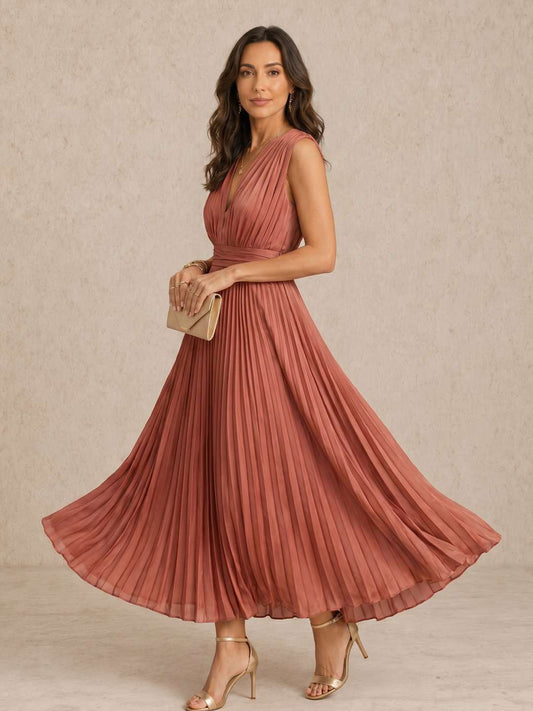Rynne Dusty Rose V-Neck Sleeveless Pleated Chiffon Maxi Dress