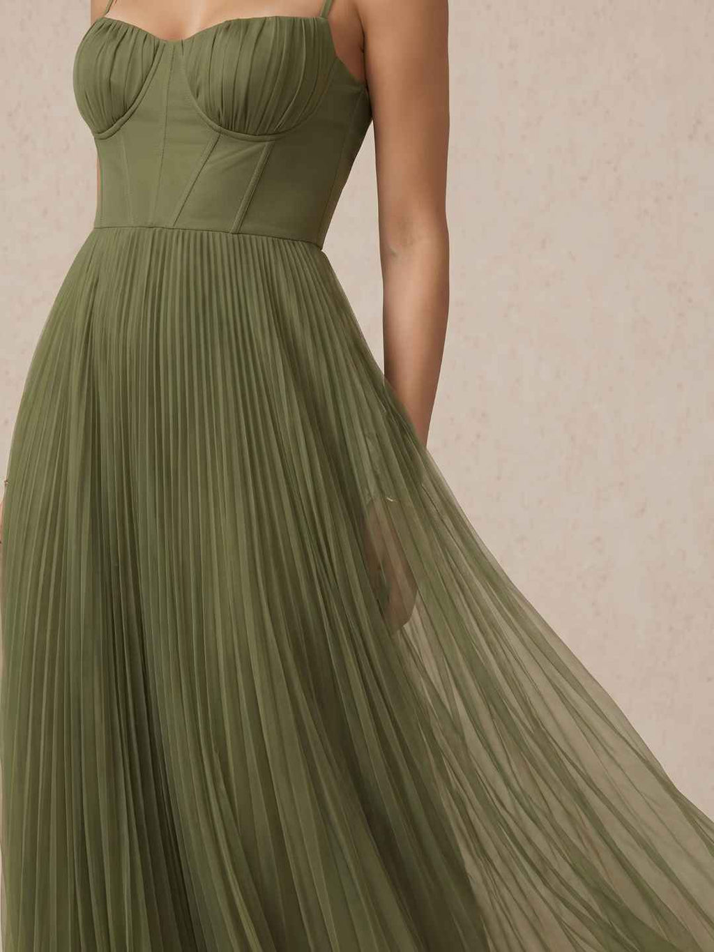 Sorrel Olive Corset Spaghetti Strap Pleated Tulle Midi Dress