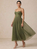 Sorrel Olive Corset Spaghetti Strap Pleated Tulle Midi Dress