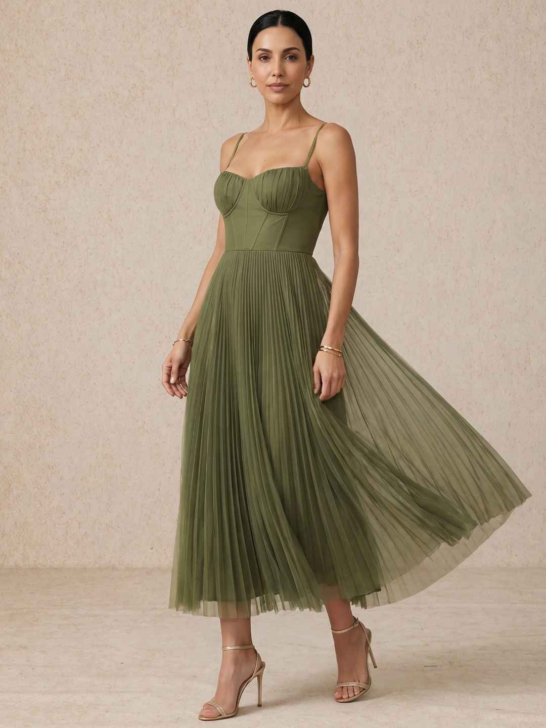 Sorrel Olive Corset Spaghetti Strap Pleated Tulle Midi Dress