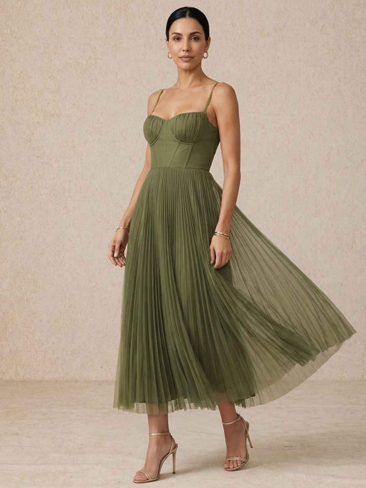 Sorrel Olive Corset Spaghetti Strap Pleated Tulle Midi Dress
